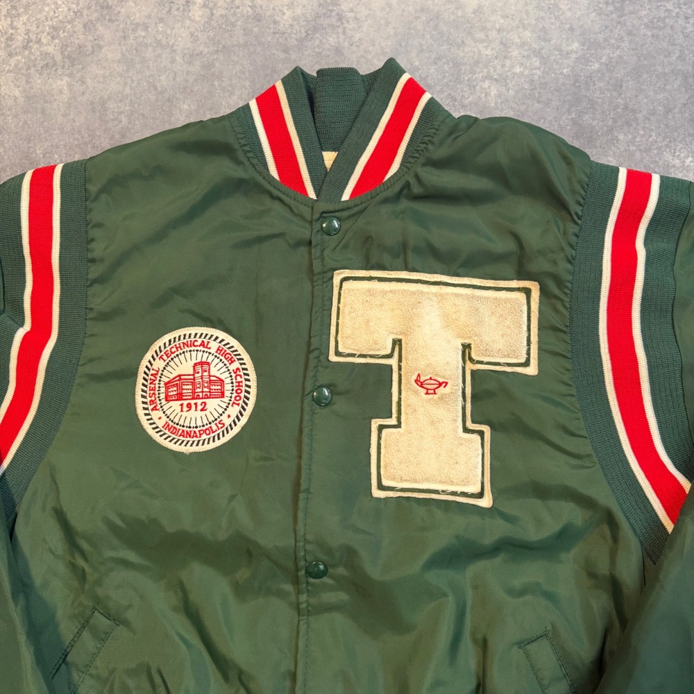 VTG 90s Arsenal Technical High School Varsity Jacket XXL Green Nylon Bomber IN - Picture 3 of 8